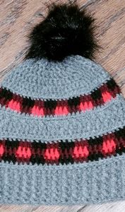 New handmade crochet Buffalo plaid and gray beanie with faux fur pompom